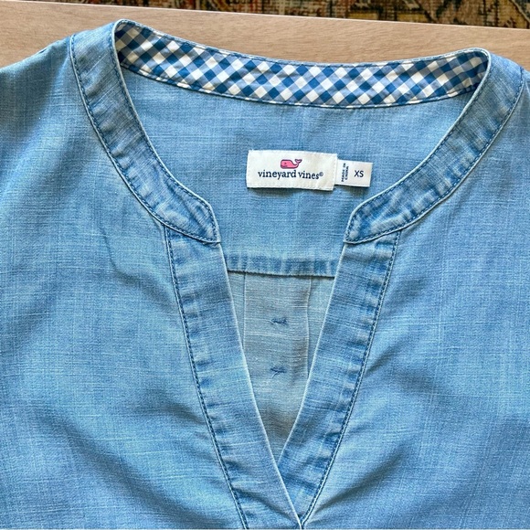 Vineyard Vines Chambray Blouse with Tie Sleeves and Checkered Trim - Picture 2 of 6